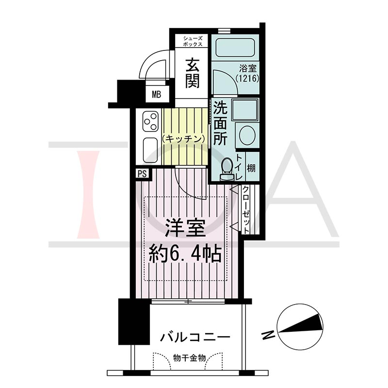 ワコーレ新神戸カデンツァの間取り図 B1タイプ
全2邸　西向き住戸
ワンルーム
専有面積23.75m2
バルコニー面積5.85m2