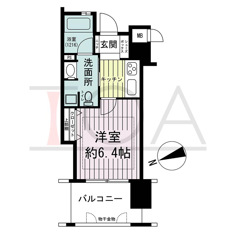 ワコーレ新神戸カデンツァの間取り図 B2タイプ
全2邸　西向き住戸
ワンルーム
専有面積23.86m2
バルコニー面積5.85m2