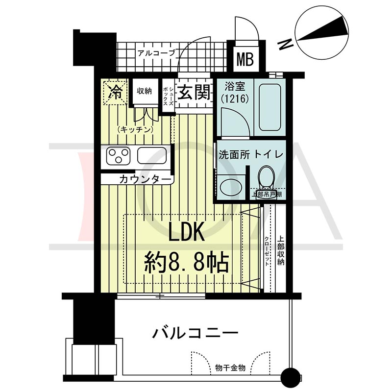 ワコーレ新神戸カデンツァの間取り図 C2タイプ
全4邸　西向き住戸
ワンルーム
専有面積23.92m2
バルコニー面積8.97m2
アルコーブ面積2.24m2