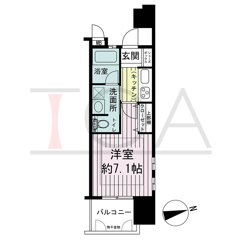 ワコーレ新神戸カデンツァの間取り図 Dタイプ
全2邸　東向き角住戸
ワンルーム
専有面積23.63m2
バルコニー面積4.17m2