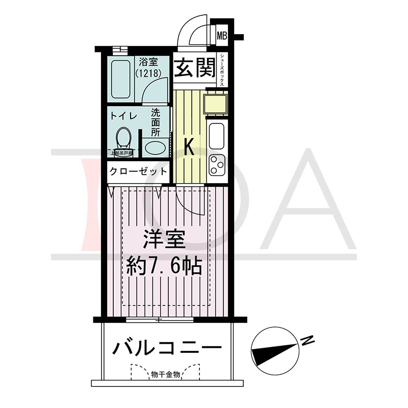 ワコーレ新神戸カデンツァの間取り図 E1タイプ
全2邸　東向き住戸
ワンルーム
専有面積24.66m2
バルコニー面積5.82m2