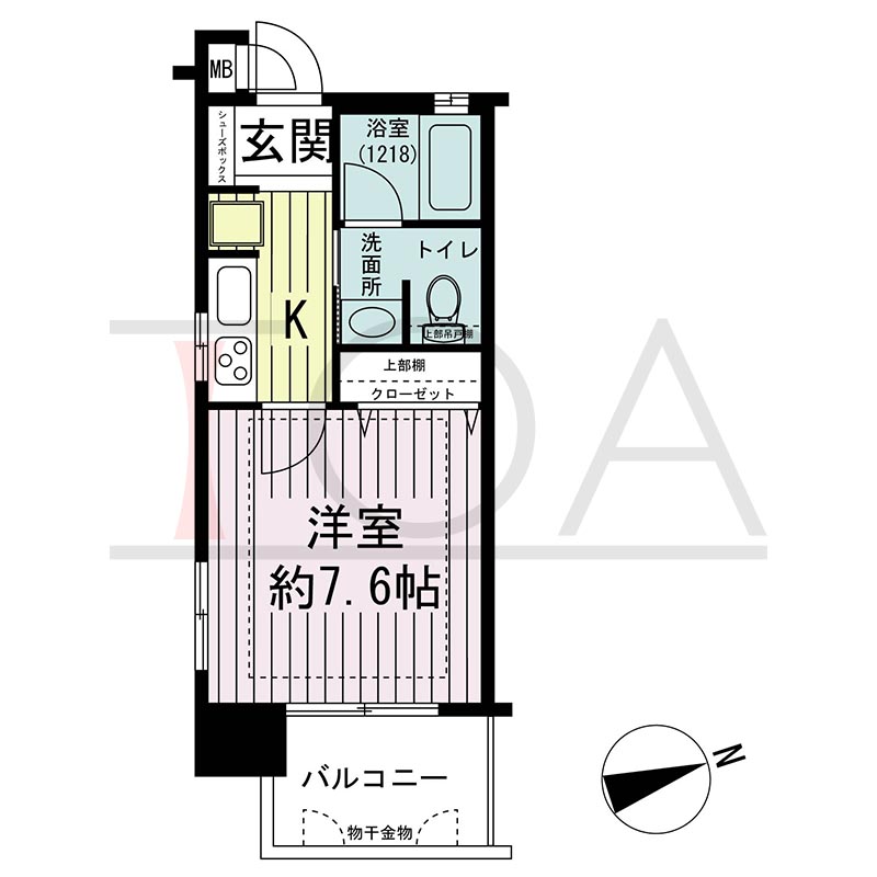 ワコーレ新神戸カデンツァの間取り図 E2タイプ
全2邸　東向き住戸
ワンルーム
専有面積24.66m2
バルコニー面積4.63m2