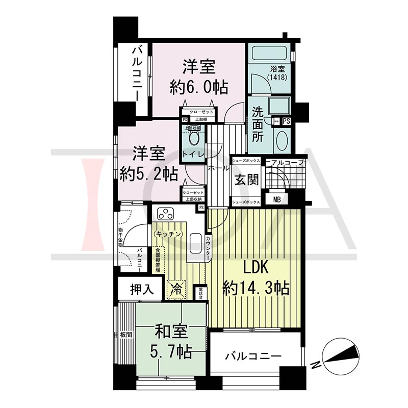 ワコーレ新神戸カデンツァの間取り図 Fタイプ
全7邸　西向き角住戸
3LDK
専有面積68.42m2
バルコニー面積13.93m2
バルコニー面積13.93m2(4階のみ)
アルコーブ面積1.80m2