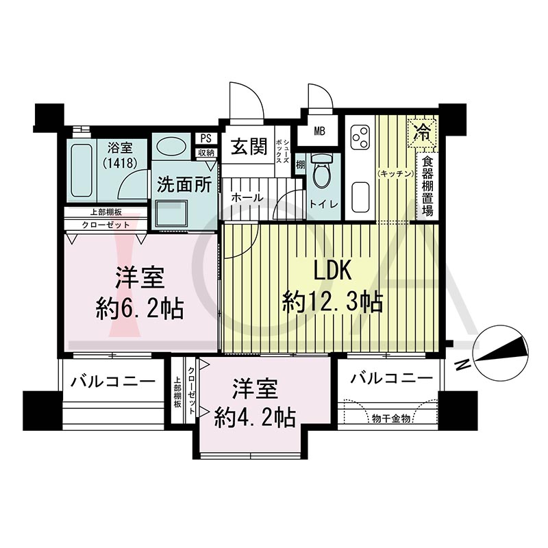 ワコーレ新神戸カデンツァの間取り図 Gタイプ
全7邸　西向き住戸
2LDK
専有面積52.52m2
バルコニー面積7.68m2
バルコニー面積12.96m2(4階のみ)