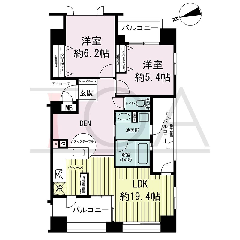 ワコーレ新神戸カデンツァの間取り図 Hタイプ
全7邸　西向き角住戸
2LDK＋DEN
専有面積61.85m2
バルコニー面積15.52m2
バルコニー面積22.61m2(4階のみ)
アルコーブ面積1.82m2