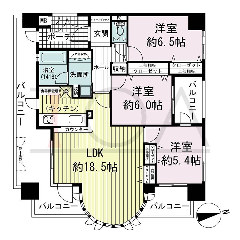 ワコーレ新神戸カデンツァの間取り図 Iタイプ
全7邸　南東角住戸
3LDK
専有面積78.11m2
バルコニー面積27.17m2
ポーチ面積2.07m2