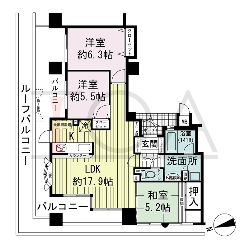 ワコーレ新神戸カデンツァの間取り図 Jタイプ
全3邸　北東角住戸
3LDK
専有面積78.43m2
バルコニー面積24.87m2
ポーチ面積3.21m2