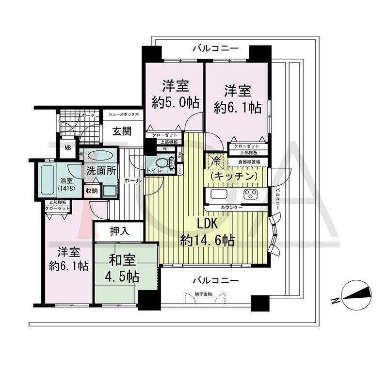 ワコーレ新神戸カデンツァの間取り図 Kタイプ
全3邸　南西角住戸
4LDK
専有面積80.71m2
バルコニー面積20.05m2
ポーチ面積2.82m2