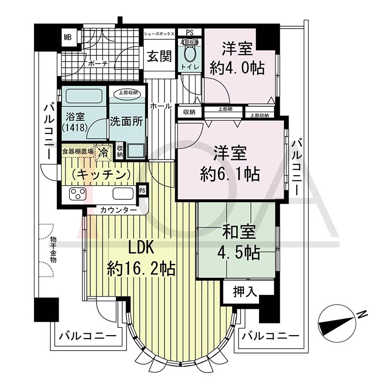 ワコーレ新神戸カデンツァの間取り図 Ｌタイプ
全3邸　南西角住戸
4LDK
専有面積69.15m2
バルコニー面積24.26m2
バルコニー面積26.16m2(11階のみ)
ポーチ面積4.87m2
ポーチ面積4.34m2(13階のみ)