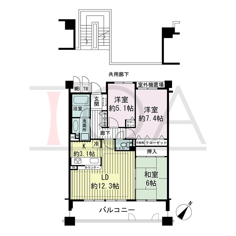 神戸海岸通ハーバーフラッツ3番館の間取り図 南東向き 3LDK 専有面積75.08m2
バルコニー面積 13.77m2