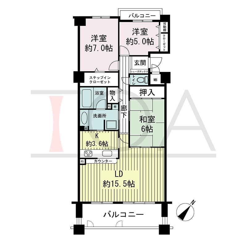 神戸海岸通ハーバーフラッツ3番館の間取り図 南東向き 3LDK 専有面積85.57m2
バルコニー面積 14.93m2