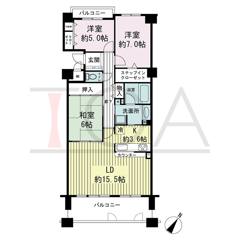 神戸海岸通ハーバーフラッツ3番館の間取り図 南東向き 3LDK 専有面積85.57m2
バルコニー面積 14.93m2