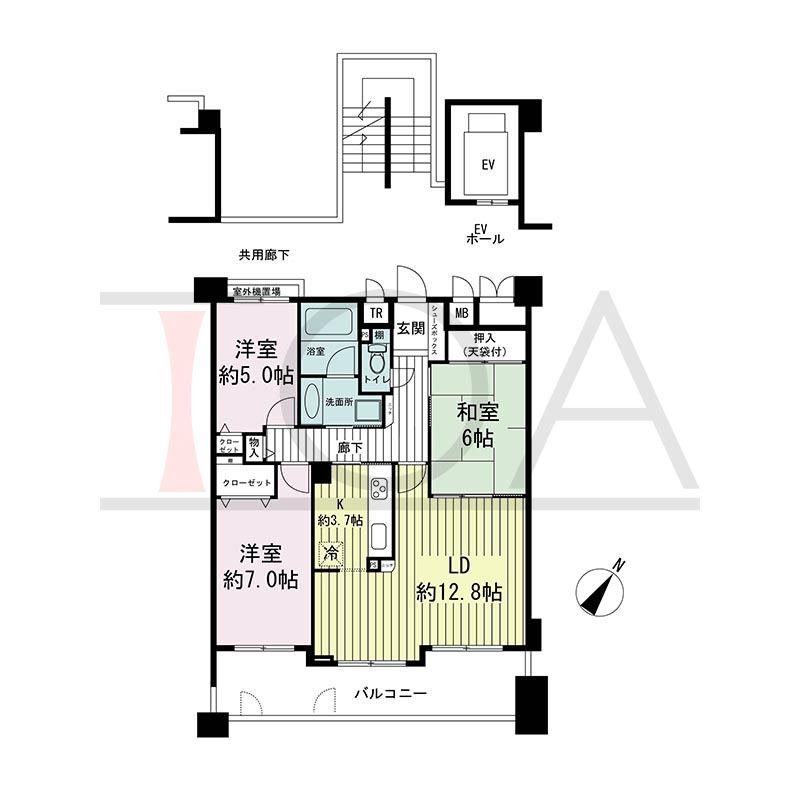 神戸海岸通ハーバーフラッツ3番館の間取り図 南東向き 3LDK 専有面積77.31m2
バルコニー面積 14.74m2