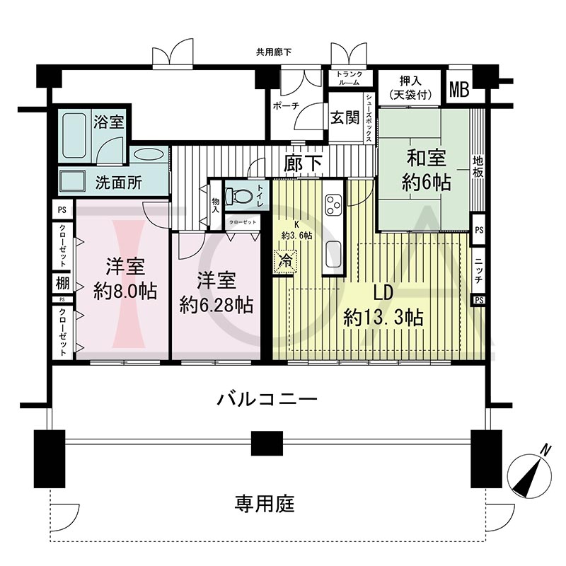 神戸海岸通ハーバーフラッツ3番館の間取り図 南東向き 3LDK+g 専有面積88.30m2
バルコニー面積 28.75m2
ポーチ面積 3.33m2