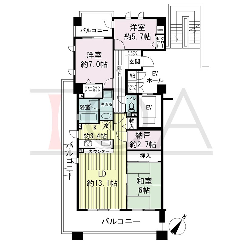 神戸海岸通ハーバーフラッツ3番館の間取り図 南向き 3LDK+N 専有面積83.32m2
バルコニー面積 32.13m2