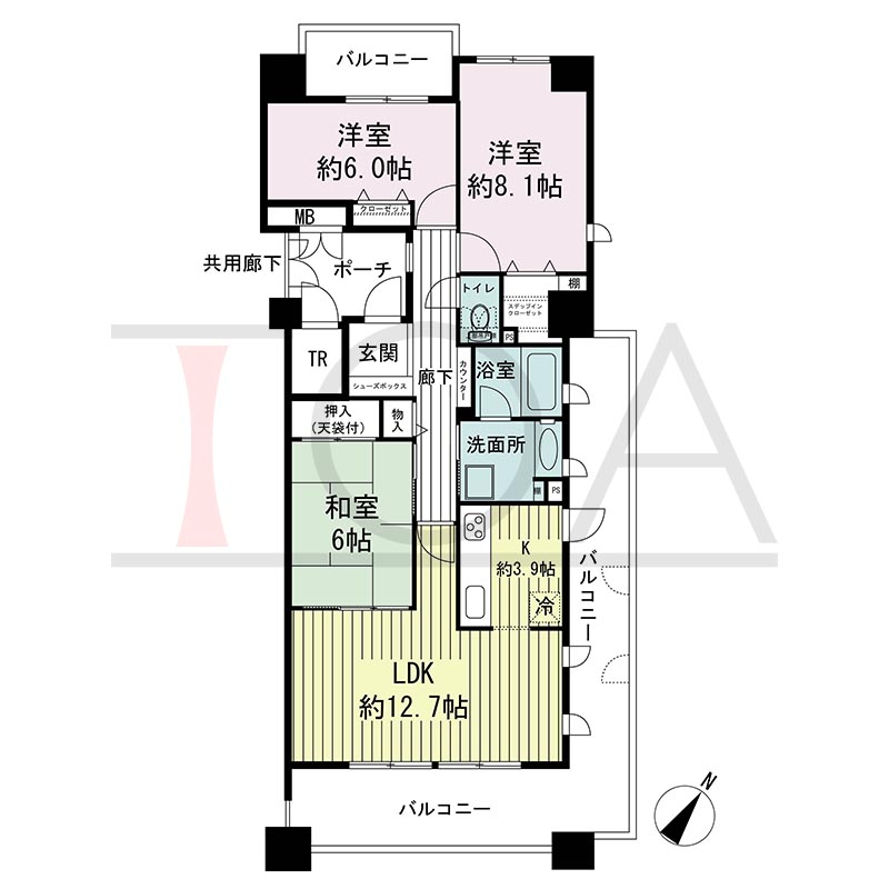 神戸海岸通ハーバーフラッツ5番館の間取り図 南東向き角 3LDK 専有面積83.71m2
バルコニー面積28.94m2
ポーチ面積4.85m2