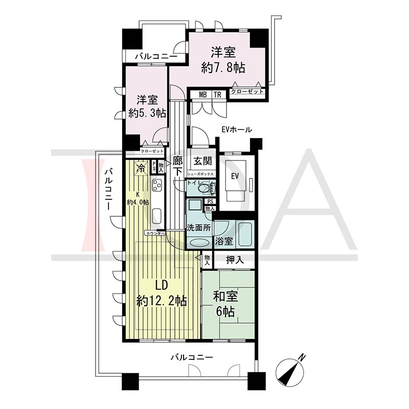 神戸海岸通ハーバーフラッツ5番館の間取り図 南向き角 3LDK 専有面積80.60m2
バルコニー面積29.00m2