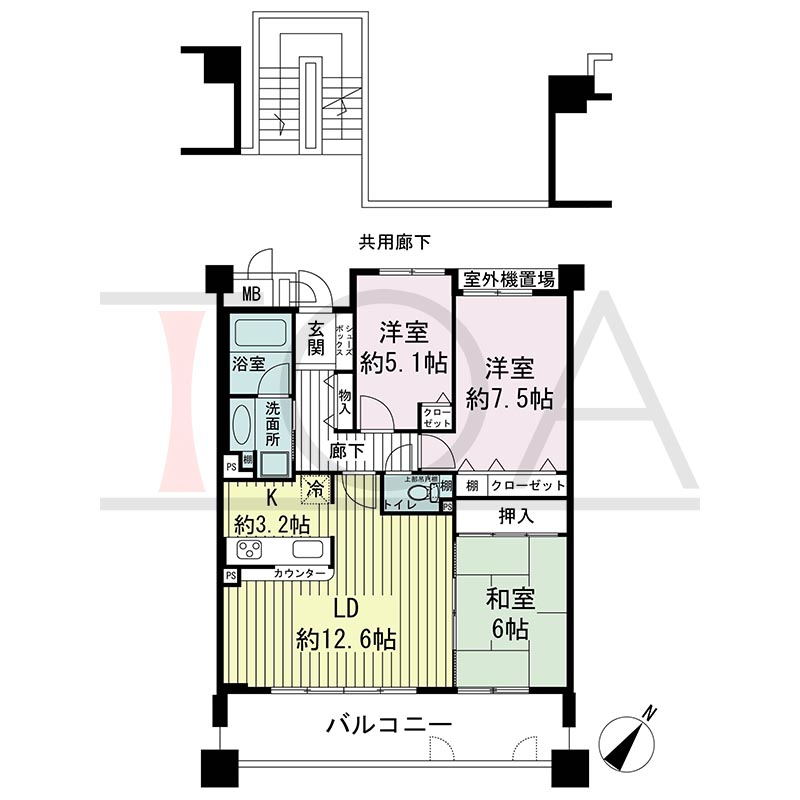 神戸海岸通ハーバーフラッツ5番館の間取り図 南東向き 3LDK 専有面積75.62m2
バルコニー面積13.56m2