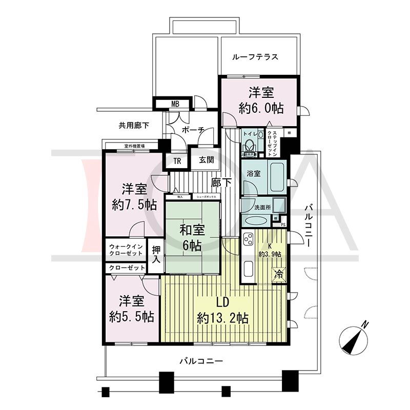 神戸海岸通ハーバーフラッツ5番館の間取り図 南東向き角 4LDK+R〈ルーフテラス〉 専有面積96.28m2
バルコニー面積28.66m2
ポーチ面積4.82m2