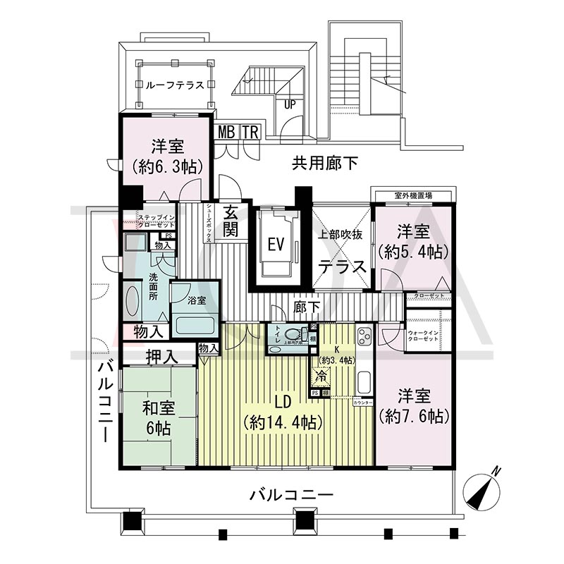 神戸海岸通ハーバーフラッツ5番館の間取り図 南東向き角 4LDK+テラス+R〈ルーフテラス〉 専有面積107.04m2
バルコニー面積32.21m2