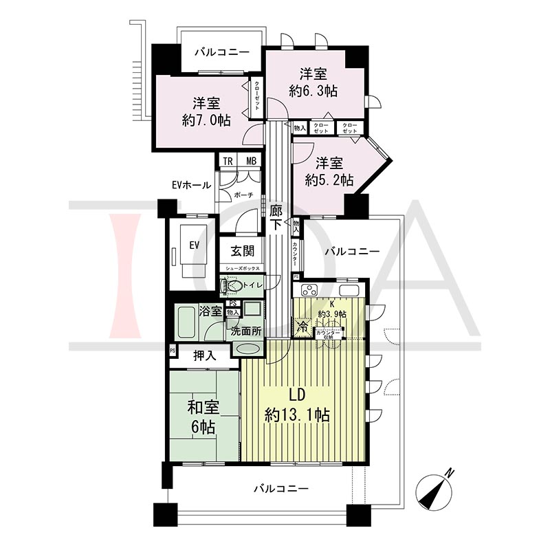 神戸海岸通ハーバーフラッツ6番館の間取り図 南東向き角　4LDK　専有面積92.63m2
バルコニー面積35.48m2
ポーチ面積 3.86m2