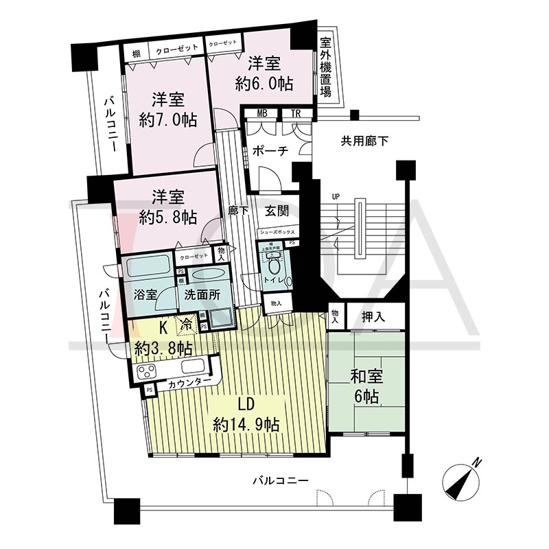神戸海岸通ハーバーフラッツ6番館の間取り図 南向き角　4LDK　専有面積98.25m2
バルコニー面積35.75 m2
ポーチ面積 4.75m2