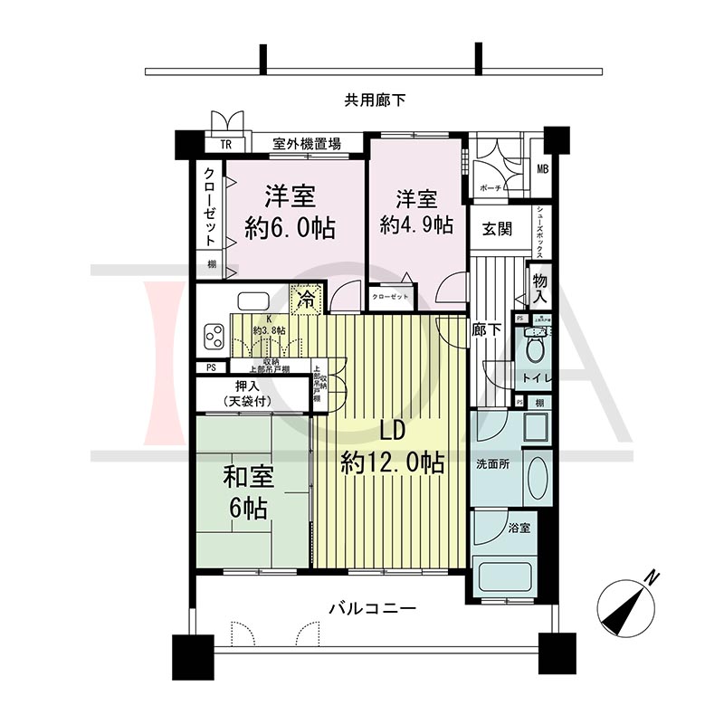 神戸海岸通ハーバーフラッツ6番館の間取り図 南東向き　3LDK　専有面積75.95m2
バルコニー面積12.33m2
ポーチ面積1.95m2