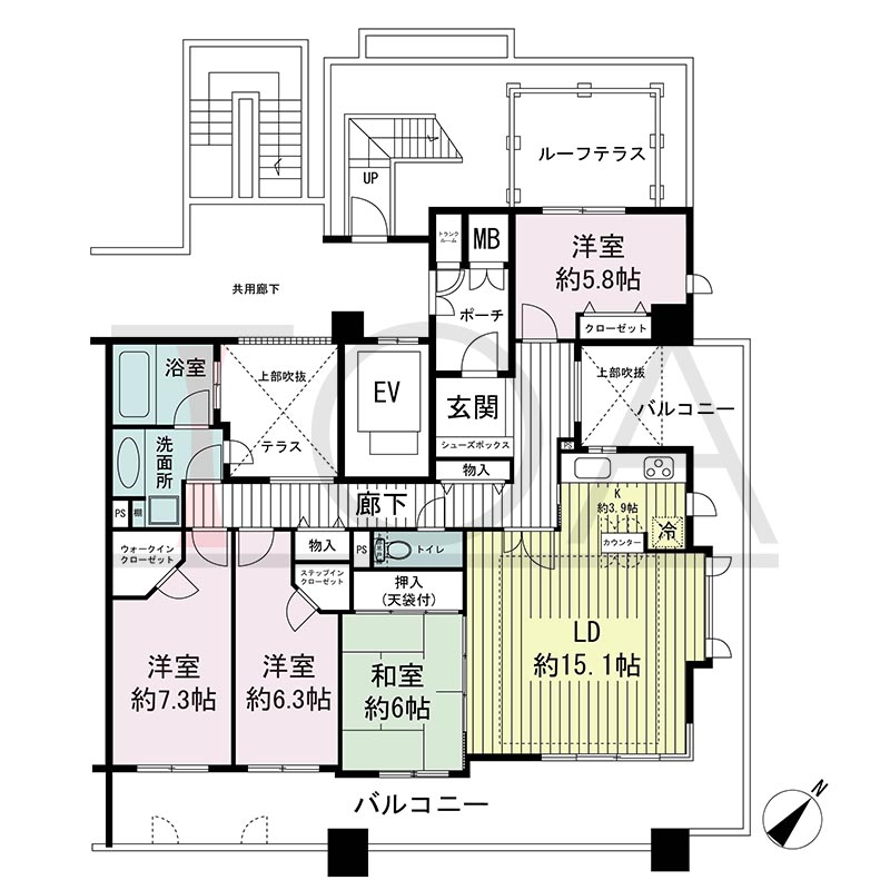 神戸海岸通ハーバーフラッツ6番館の間取り図 南東向き　4LDK+テラス+R〈ルーフテラス〉専有面積109.18m2
バルコニー面積39.13m2
ポーチ面積 3.69m2