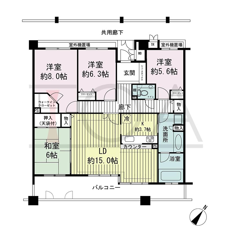 神戸海岸通ハーバーフラッツ6番館の間取り図 南東向き　4LDK　専有面積103.71m2
バルコニー面積16.61m2
ポーチ面積 1.95m2