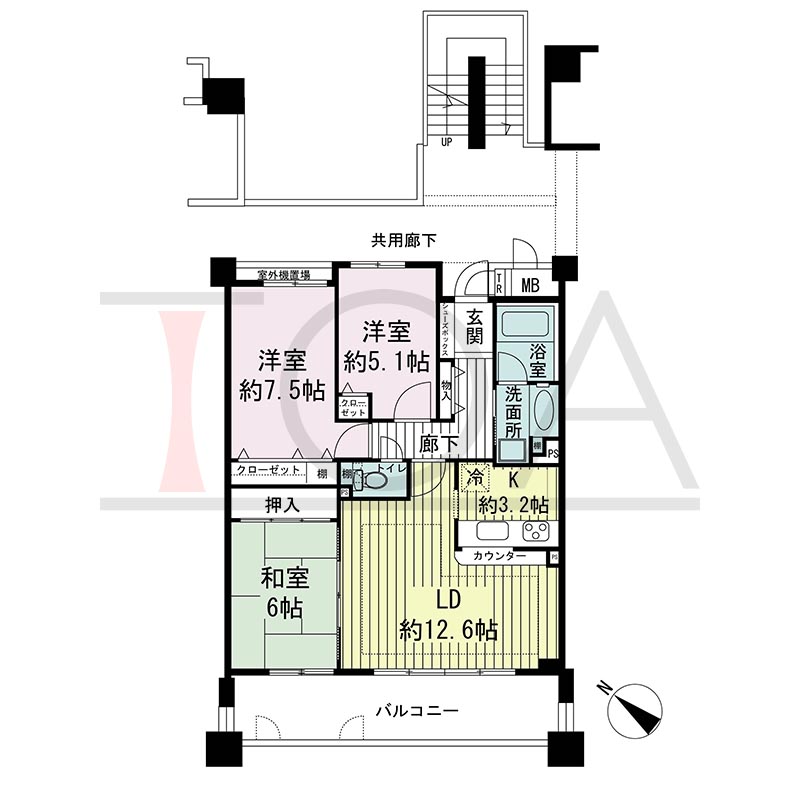 神戸海岸通ハーバーフラッツ7番館の間取り図 南西向き 3LDK 専有面積75.62m2
バルコニー面積13.56m2