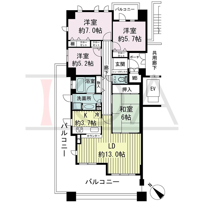 神戸海岸通ハーバーフラッツ7番館の間取り図 南西向き角 4LDK 専有面積91.33m2
バルコニー面積37.13m2