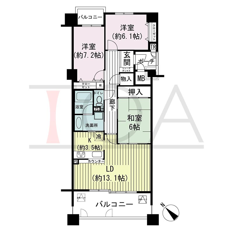 神戸海岸通ハーバーフラッツ7番館の間取り図 南西向き 3LDK 専有面積82.98m2
バルコニー面積15.73m2
ポーチ面積 2.61m2