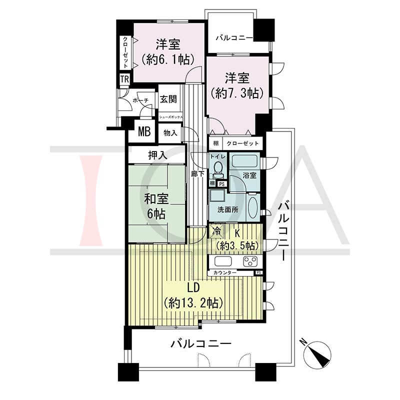 神戸海岸通ハーバーフラッツ7番館の間取り図 南西向き角 3LDK 専有面積83.31m2
バルコニー面積30.58m2
ポーチ面積2.62m2