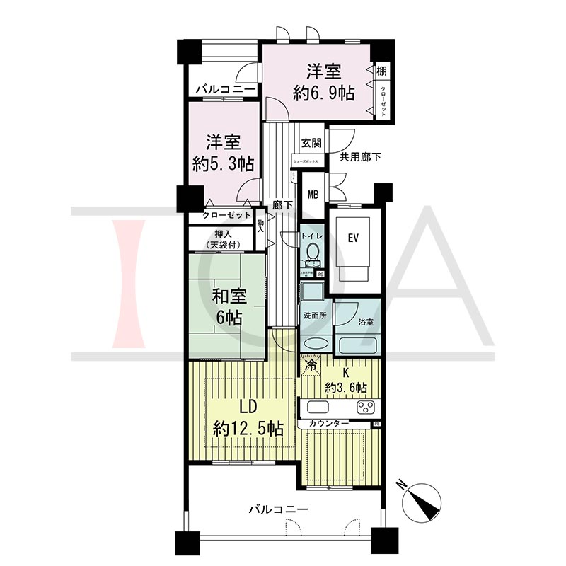 神戸海岸通ハーバーフラッツ7番館の間取り図 南西向き 3LDK 専有面積79.35m2
バルコニー面積17.94m2