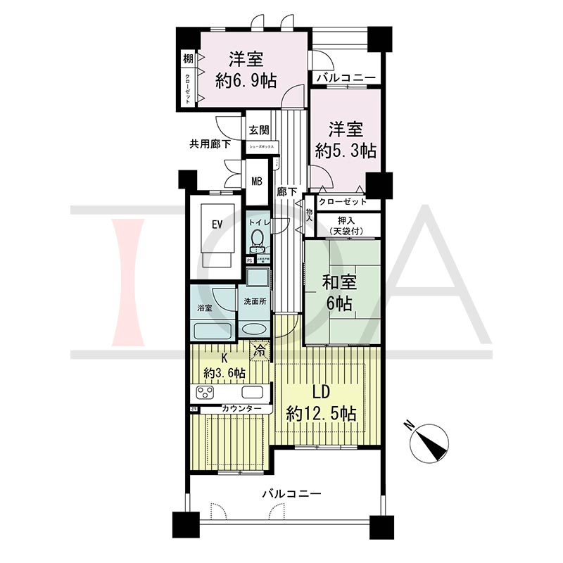 神戸海岸通ハーバーフラッツ7番館の間取り図 南西向き 3LDK 専有面積79.35m2
バルコニー面積17.94m2
