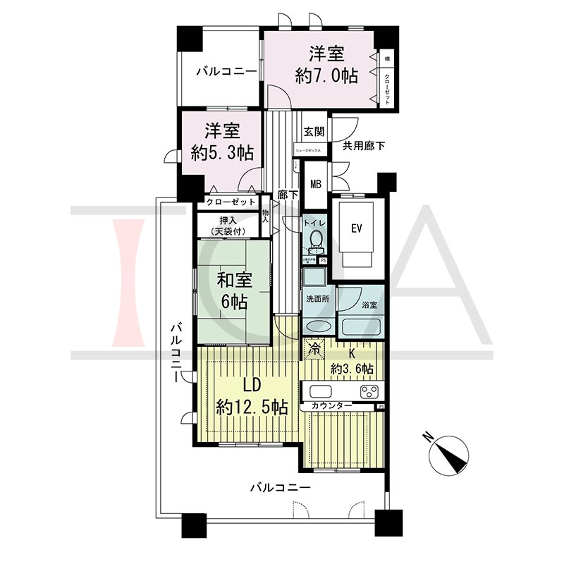 神戸海岸通ハーバーフラッツ7番館の間取り図 南西向き角 3LDK 専有面積79.41m2
バルコニー面積33.51m2