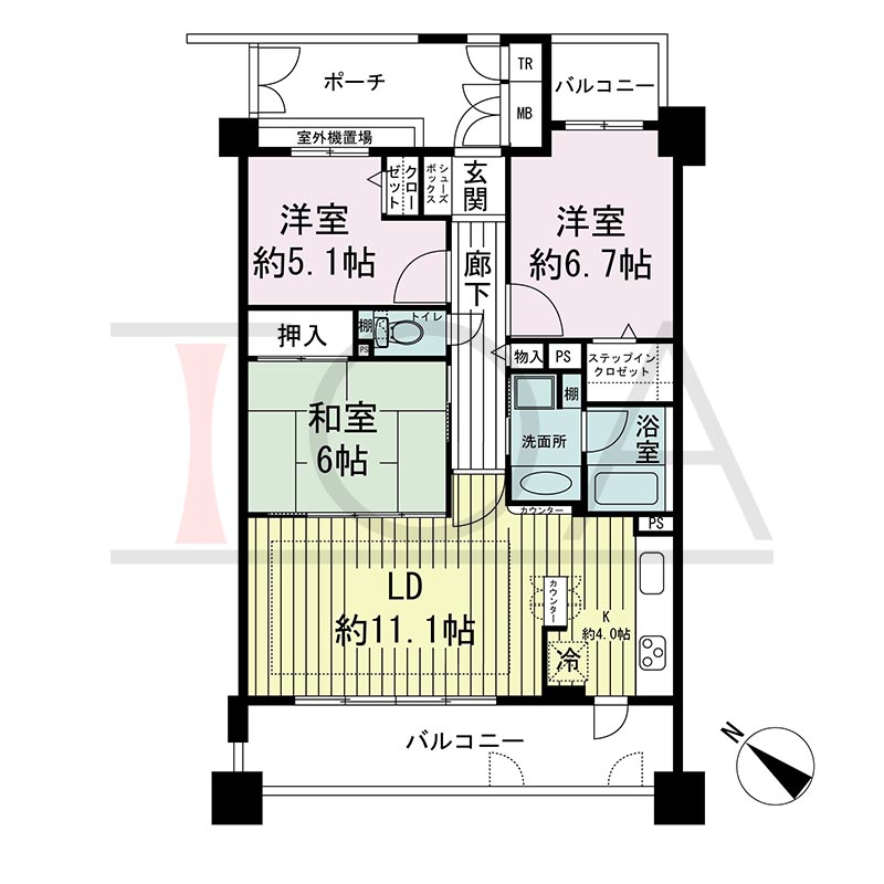神戸海岸通ハーバーフラッツ7番館の間取り図 南西向き 3LDK 専有面積72.42m2
バルコニー面積15.34m2
ポーチ面積 7.52m2