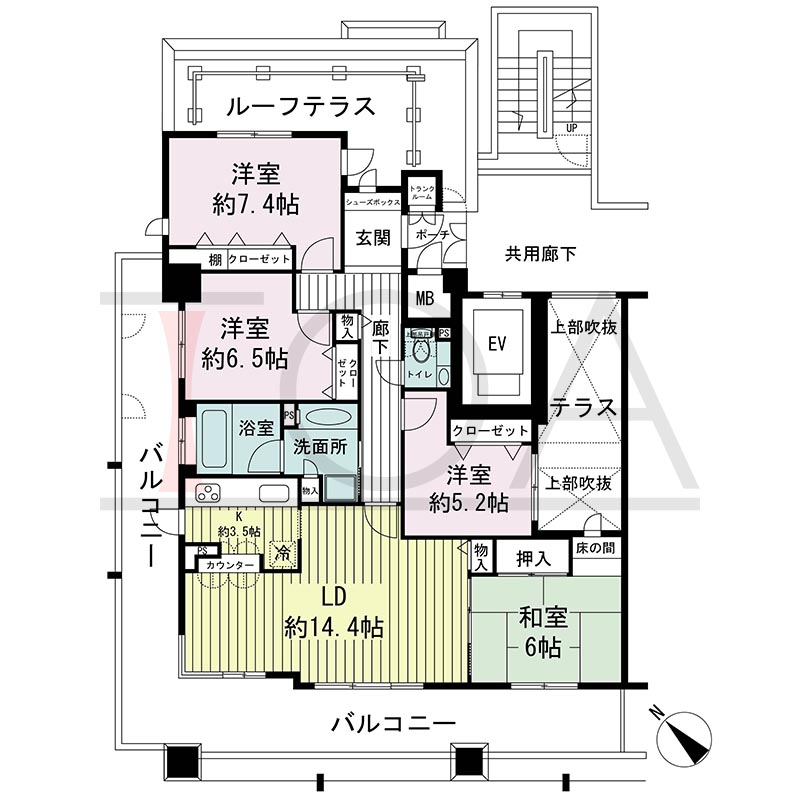 神戸海岸通ハーバーフラッツ7番館の間取り図 南西向き角 4LDK+テラス+R<ルーフテラス> 専有面積99.19m2
バルコニー面積34.72m2
ポーチ面積2.21m2