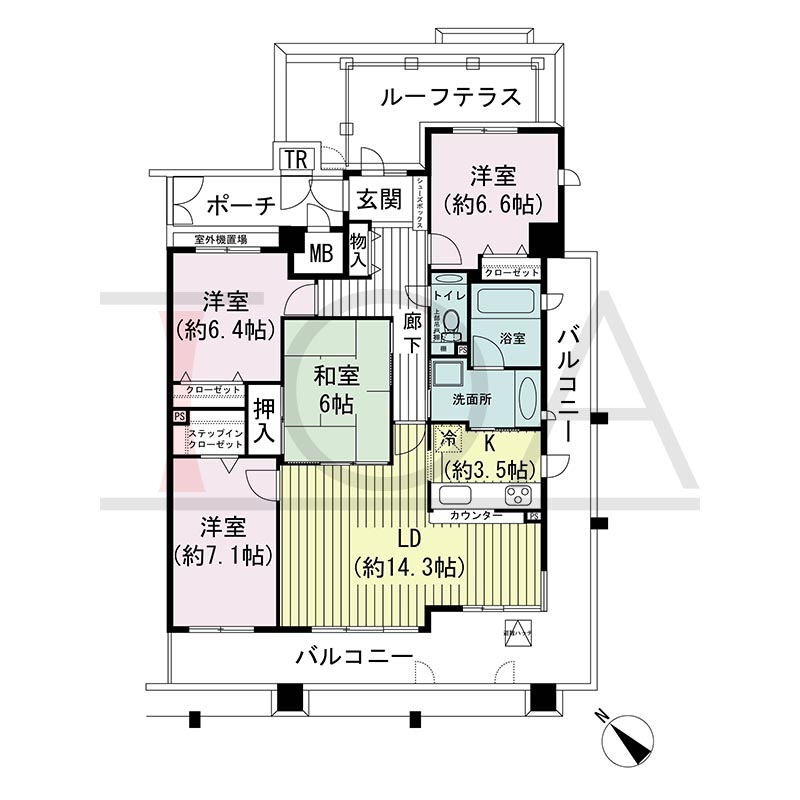 神戸海岸通ハーバーフラッツ7番館の間取り図 南向き角 4LDK+R<ルーフテラス> 専有面積99.17m2
バルコニー面積29.59m2
ポーチ面積6.45m2