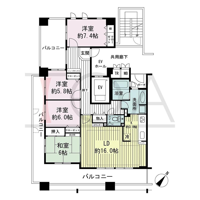 神戸海岸通ハーバーフラッツ7番館の間取り図 南西向き角 4LDK 専有面積 106.84m2
バルコニー面積 43.83m2
ポーチ面積2.48m2