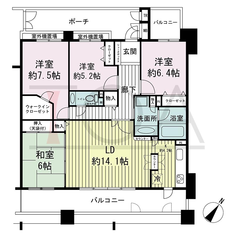 神戸海岸通ハーバーフラッツ7番館の間取り図 南西向き 4LDK 専有面積 98.75m2
バルコニー面積21.65m2
ポーチ面積12.00m2