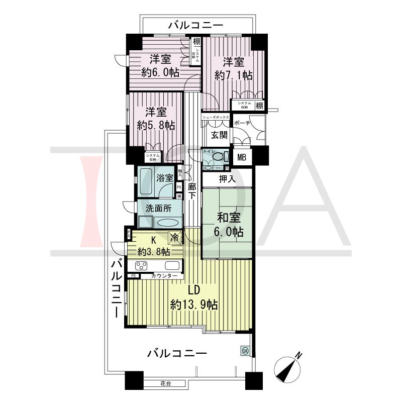 神戸海岸通ハーバーフラッツ8番館の間取り図 南東向き角 4LDK 専有面積95.46m2
バルコニー面積38.80m2
ポーチ面積3.56m2