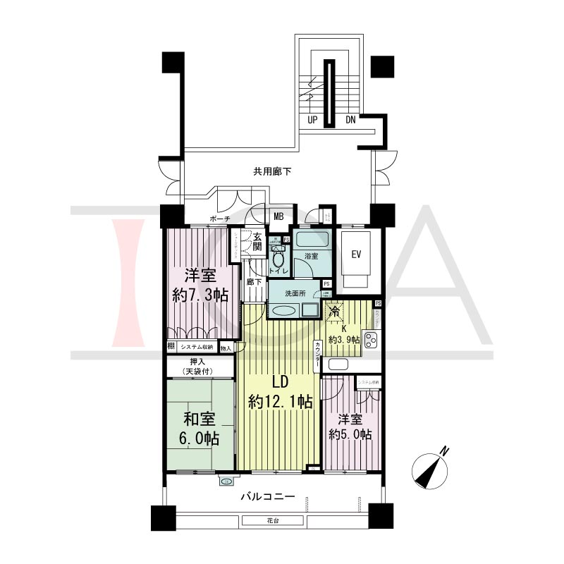 神戸海岸通ハーバーフラッツ8番館の間取り図 南東向き 3LDK 専有面積73.75m2
バルコニー面積15.32m2
ポーチ面積4.48m2