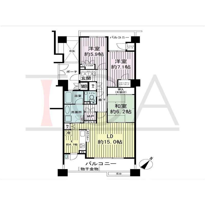 神戸海岸通ハーバーフラッツ8番館の間取り図 南東向き 3LDK 専有面積91.07m2
バルコニー面積19.42m2
ポーチ面積6.69m2