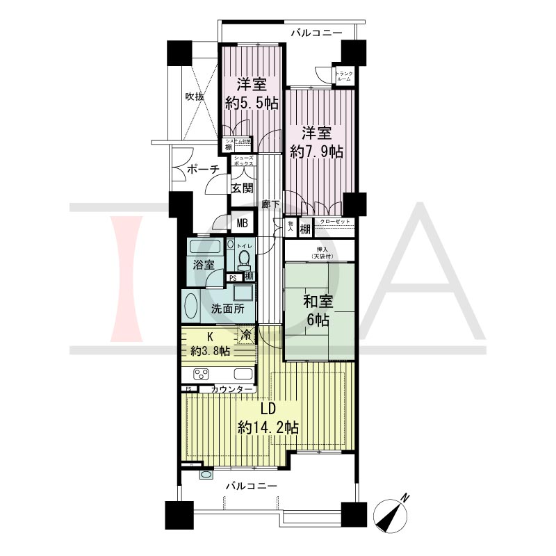 神戸海岸通ハーバーフラッツ8番館の間取り図 南東向き 3LDK 専有面積85.10m2
バルコニー面積17.12m2
ポーチ面積7.05m2