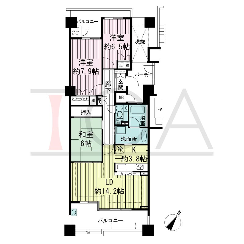 神戸海岸通ハーバーフラッツ8番館の間取り図 南東向き 3LDK 専有面積85.10m2
バルコニー面積17.12m2
ポーチ面積7.04 m2