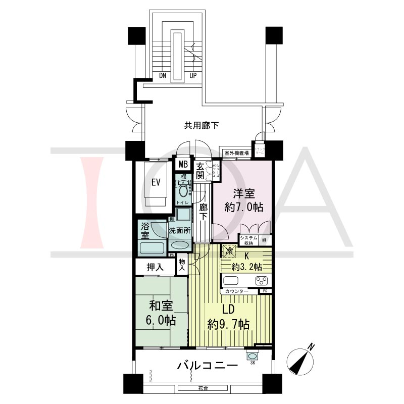 神戸海岸通ハーバーフラッツ8番館の間取り図 南東向き 2LDK 専有面積59.18m2
バルコニー面積12.77m2