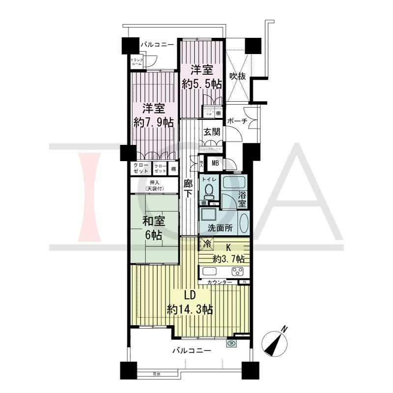 神戸海岸通ハーバーフラッツ8番館の間取り図 南東向き 3LDK 専有面積86.15m2
バルコニー面積17.12m2
ポーチ面積6.63m2