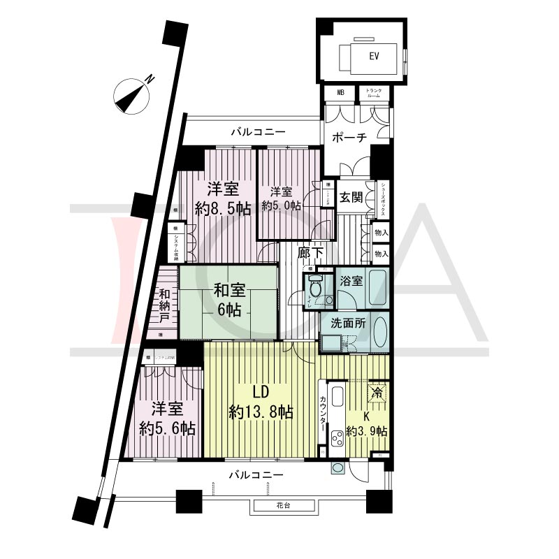 神戸海岸通ハーバーフラッツ8番館の間取り図 南東向き 4LDK 専有面積99.01m2
バルコニー面積24.89m2
ポーチ面積6.75m2