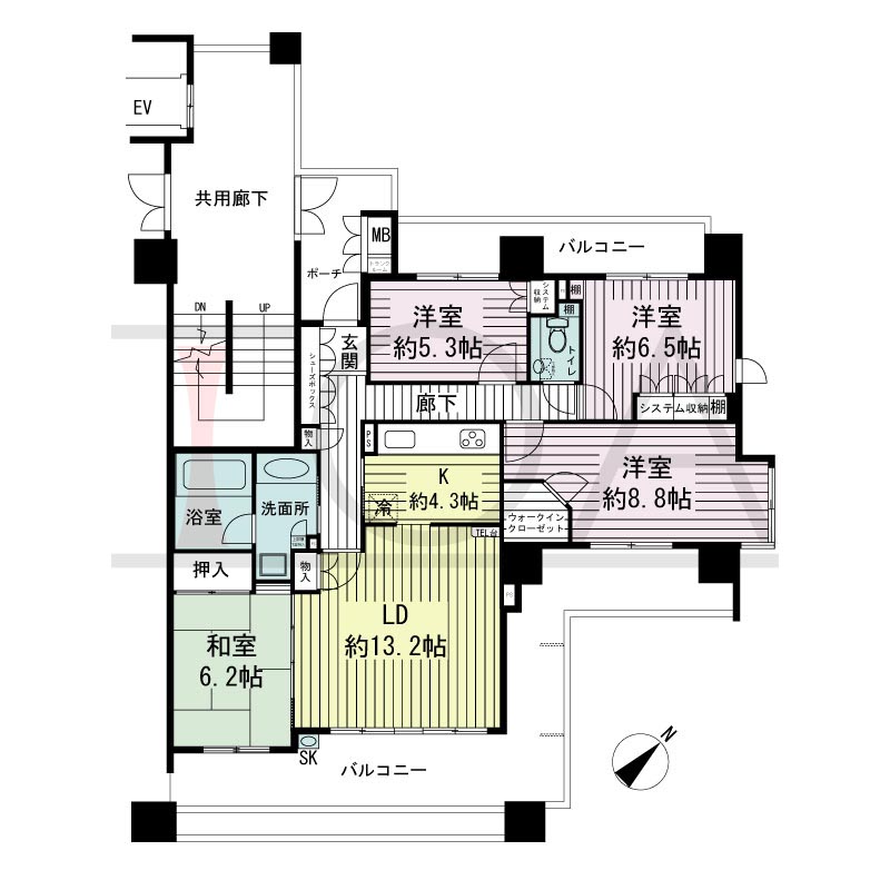 神戸海岸通ハーバーフラッツ8番館の間取り図 Jtタイプ
2邸 南東向き住戸
4LDK 専有面積101.52m2
バルコニー面積40.45m2
ポーチ面積6.35m2
